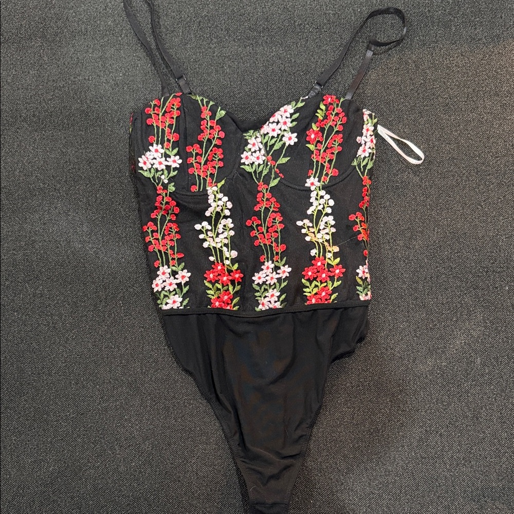 Lulu's Black Bodysuit with Red and White Floral Design